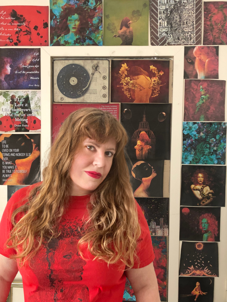 woman in front of many images